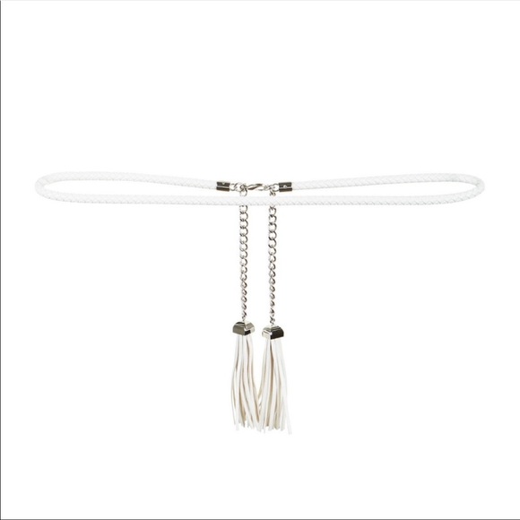 BCBG WAIST BELT WHITE LEATHER BRAIDED TASSEL SILVER CHAIN SIZE M/L